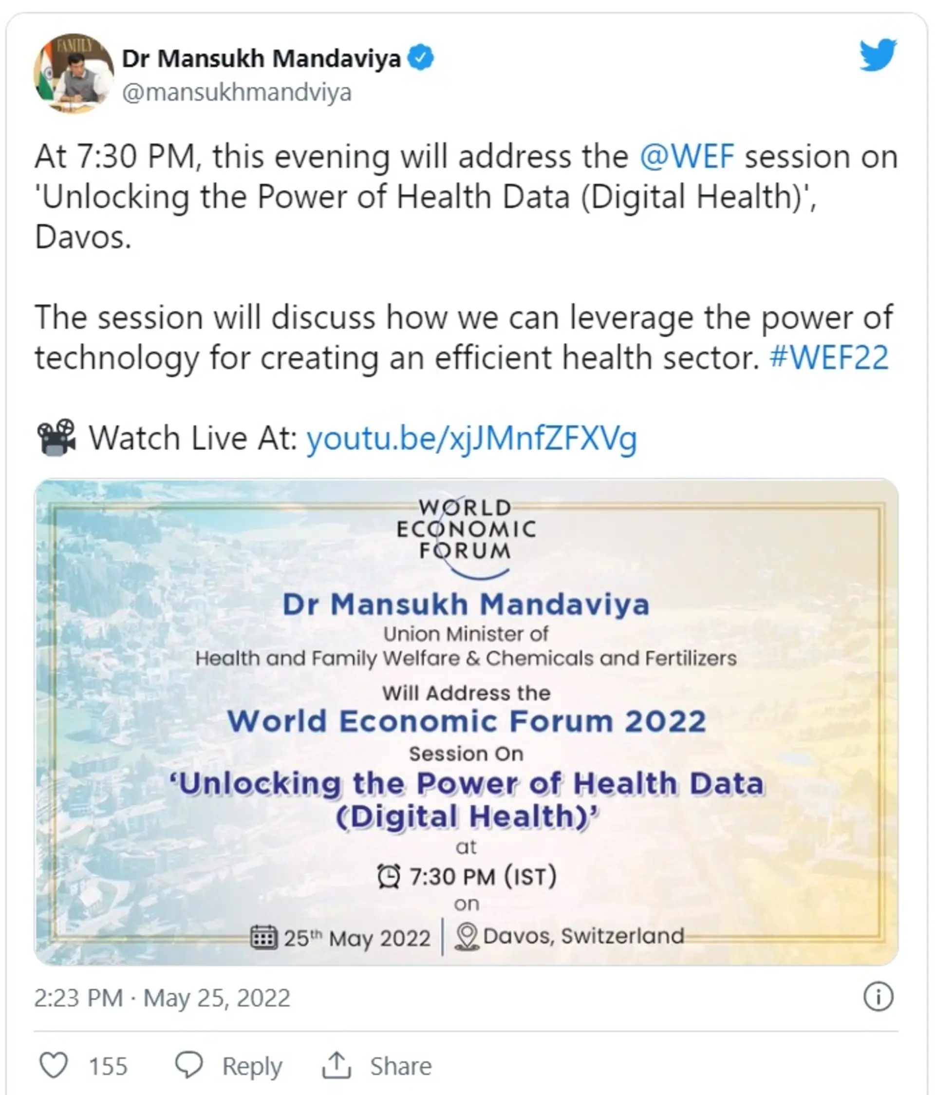 Union Minister of Health and Family Welfare Dr. Mansukh Mandaviya addresses Sessions on ‘Unlocking the Power of Digital Health’ and ‘Closing the Vaccines Gap’ at World Economic Forum (WEF) Annual Meeting, Davos