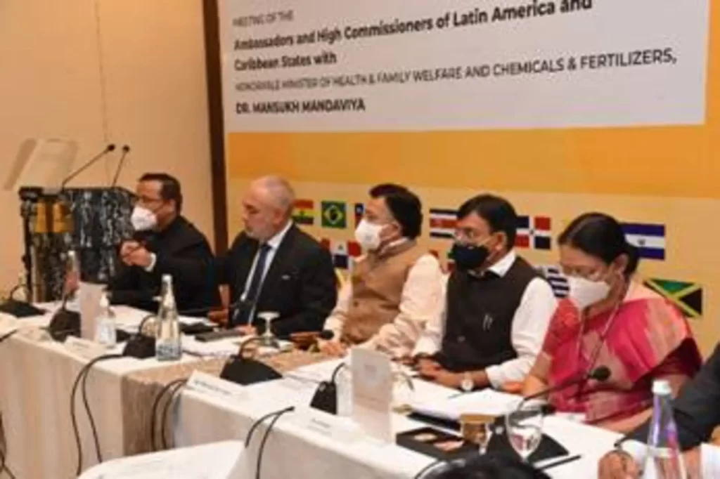 Union Minister for Health and Family Welfare Dr. Mansukh Mandaviya interacts with ambassadors of Latin America and Caribbean Nations