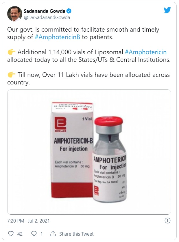 Additional 1,14,000 vials of Liposomal Amphotericin B allocated to all States/UTs & Central Institutions – Shri D.V Sadananda Gowda